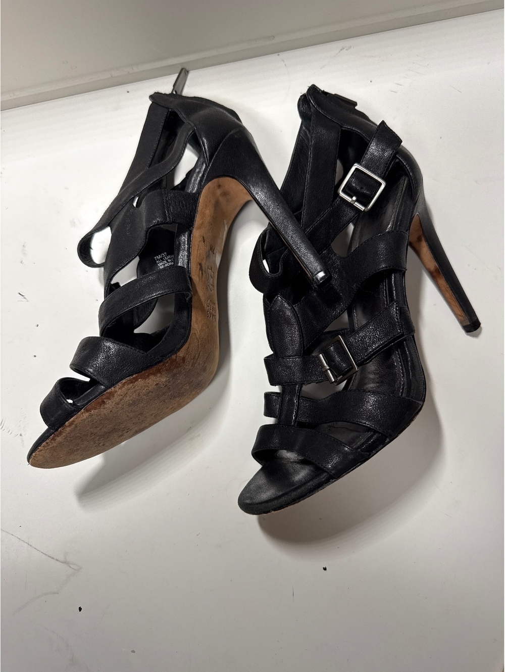 Saks Fifth Avenue Black Leather Strappy Stiletto Sandals Size 7M
